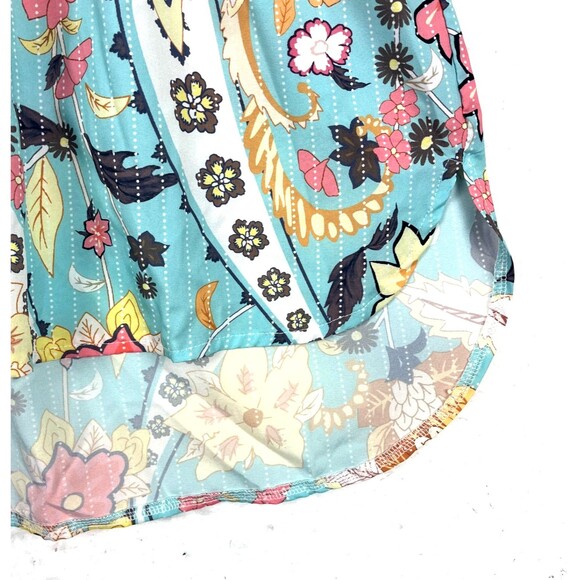 Boho Floral Paisley Tunic Blouse Womens SZ L Turquoise High neck High Low Hem - Picture 6 of 9